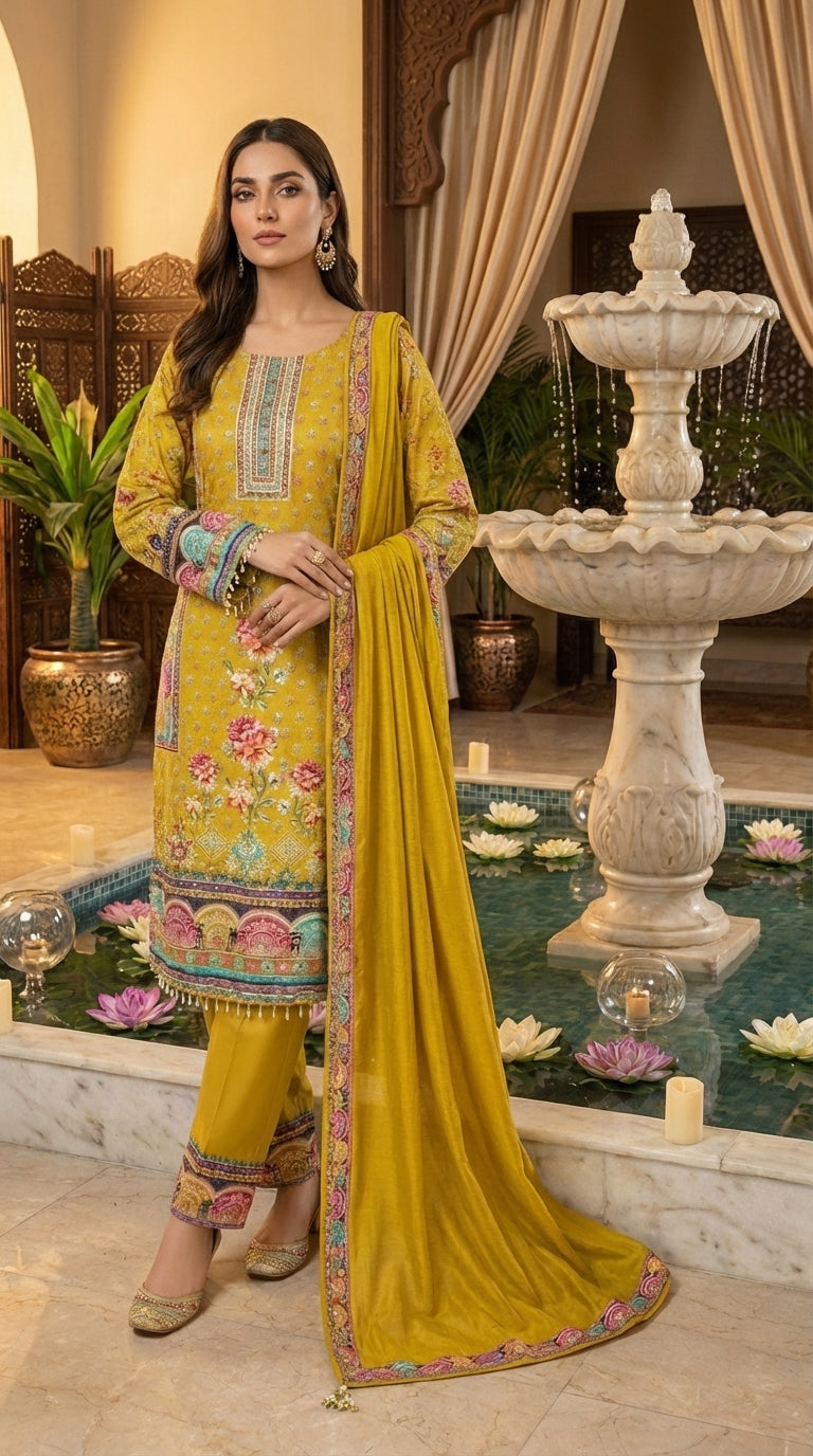 Floral Print Straight Suit with Dupatta