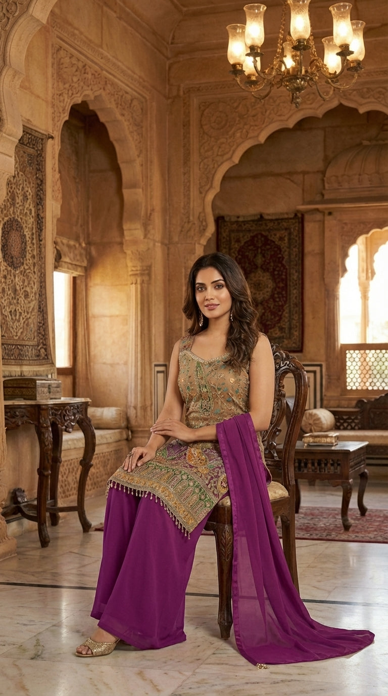 Printed Suit with Embroidered Paired with Palazzo and Dupatta