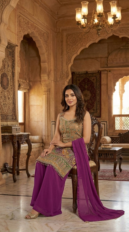 Printed Suit with Embroidered Paired with Palazzo and Dupatta