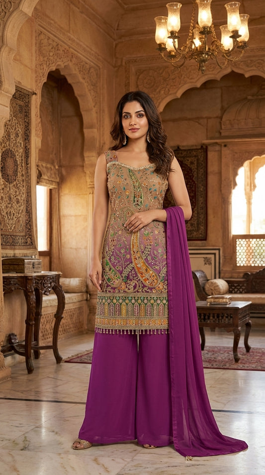 Printed Suit with Embroidered Paired with Palazzo and Dupatta