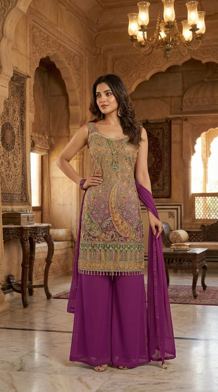 Printed Suit with Embroidered Paired with Palazzo and Dupatta