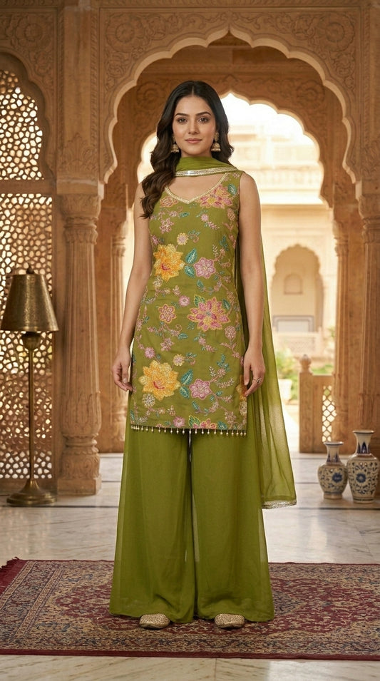 Printed suit with Hand touch paired with palazzo and dupptta