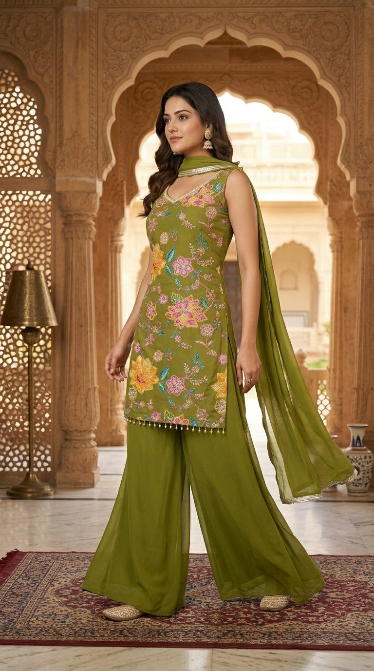 Printed suit with Hand touch paired with palazzo and dupptta