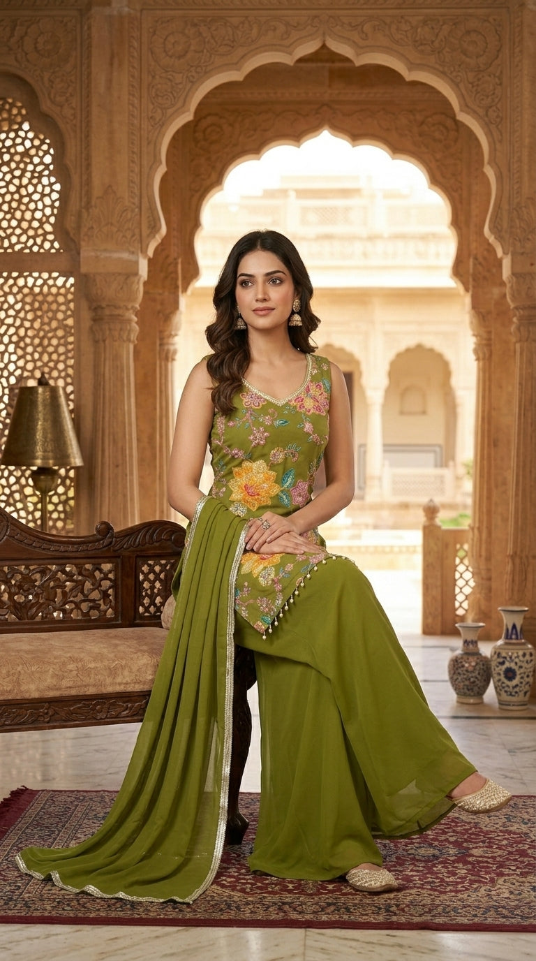 Printed suit with Hand touch paired with palazzo and dupptta