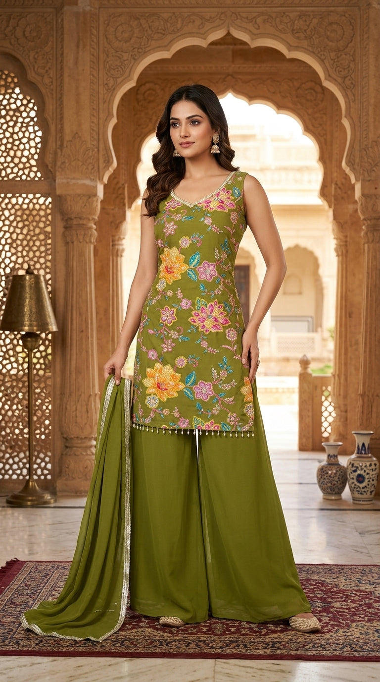 Printed suit with Hand touch paired with palazzo and dupptta