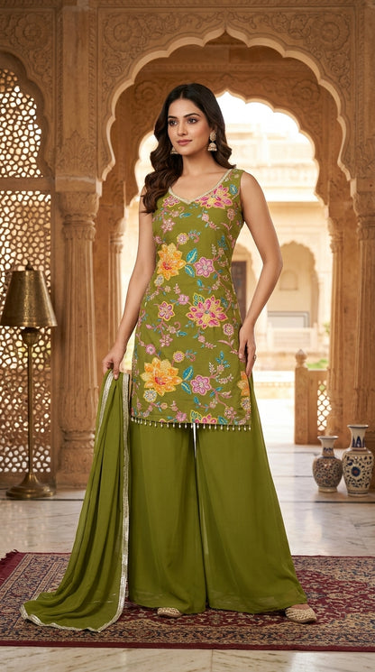 Printed suit with Hand touch paired with palazzo and dupptta