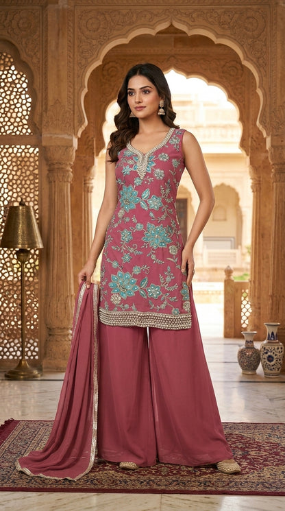 Printed suit with Hand touch paired with palazzo and dupptta