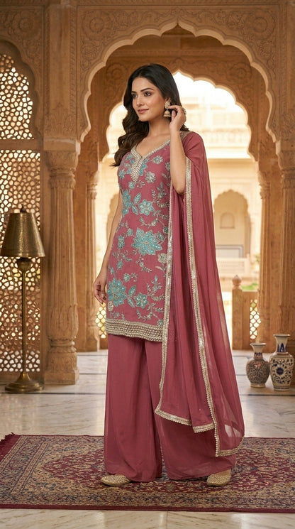 Printed suit with Hand touch paired with palazzo and dupptta