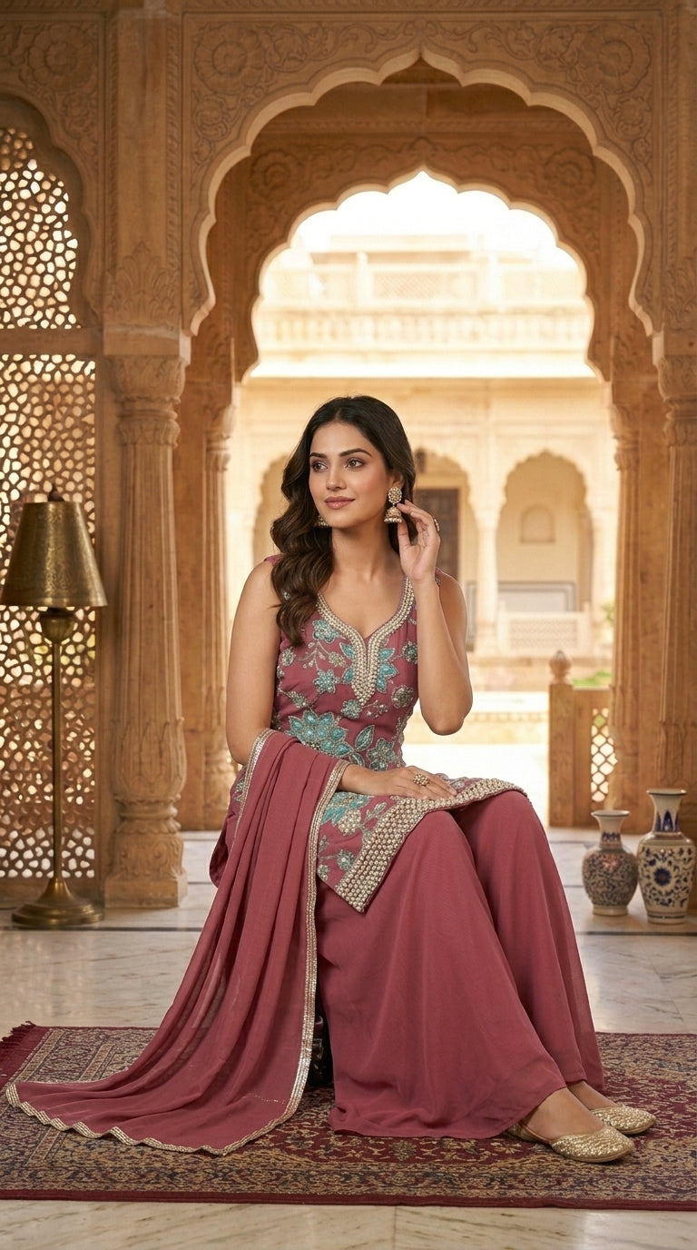 Printed suit with Hand touch paired with palazzo and dupptta