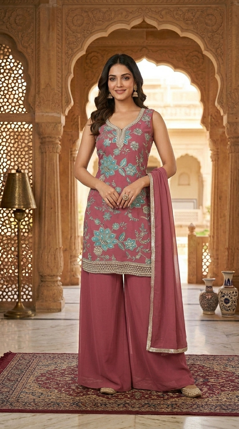 Printed suit with Hand touch paired with palazzo and dupptta