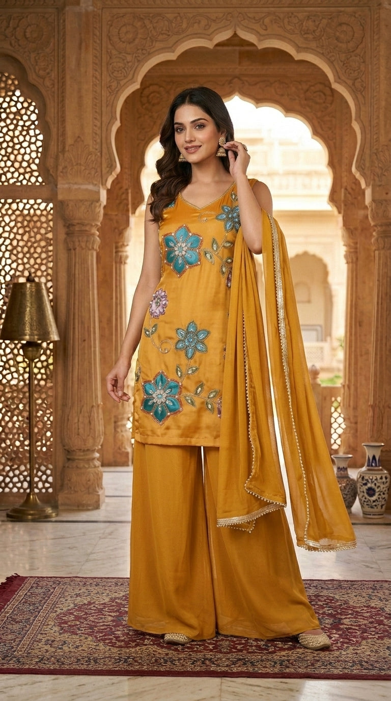 Printed suit with Hand touch paired with palazzo and dupptta