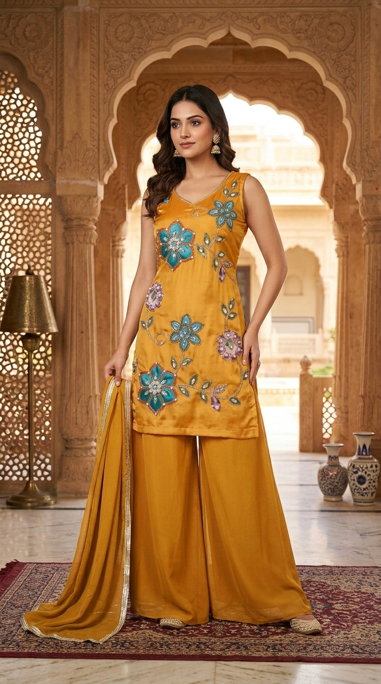 Printed suit with Hand touch paired with palazzo and dupptta