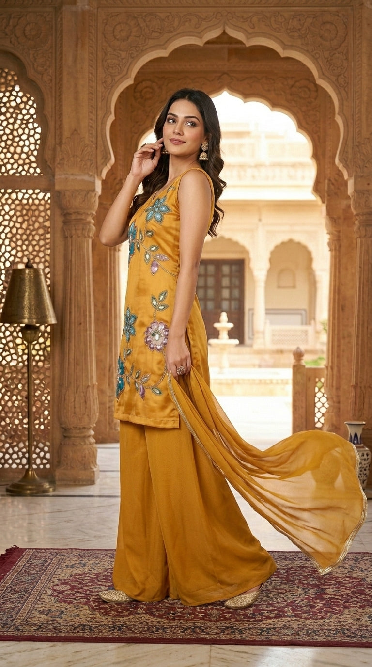 Printed suit with Hand touch paired with palazzo and dupptta
