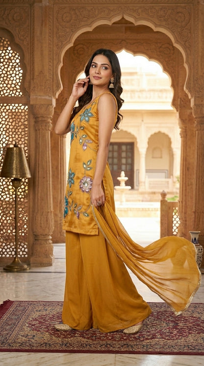 Printed suit with Hand touch paired with palazzo and dupptta