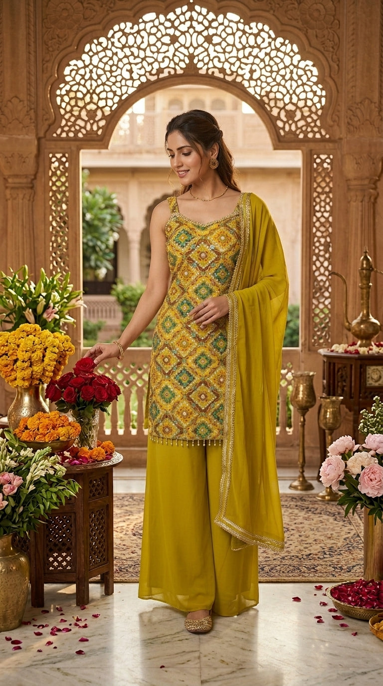 Printed Suit with Embroidery Paired with Palazzo and Dupatta