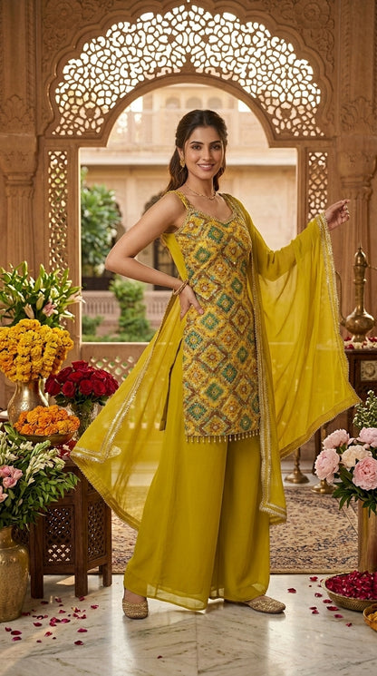 Printed Suit with Embroidery Paired with Palazzo and Dupatta