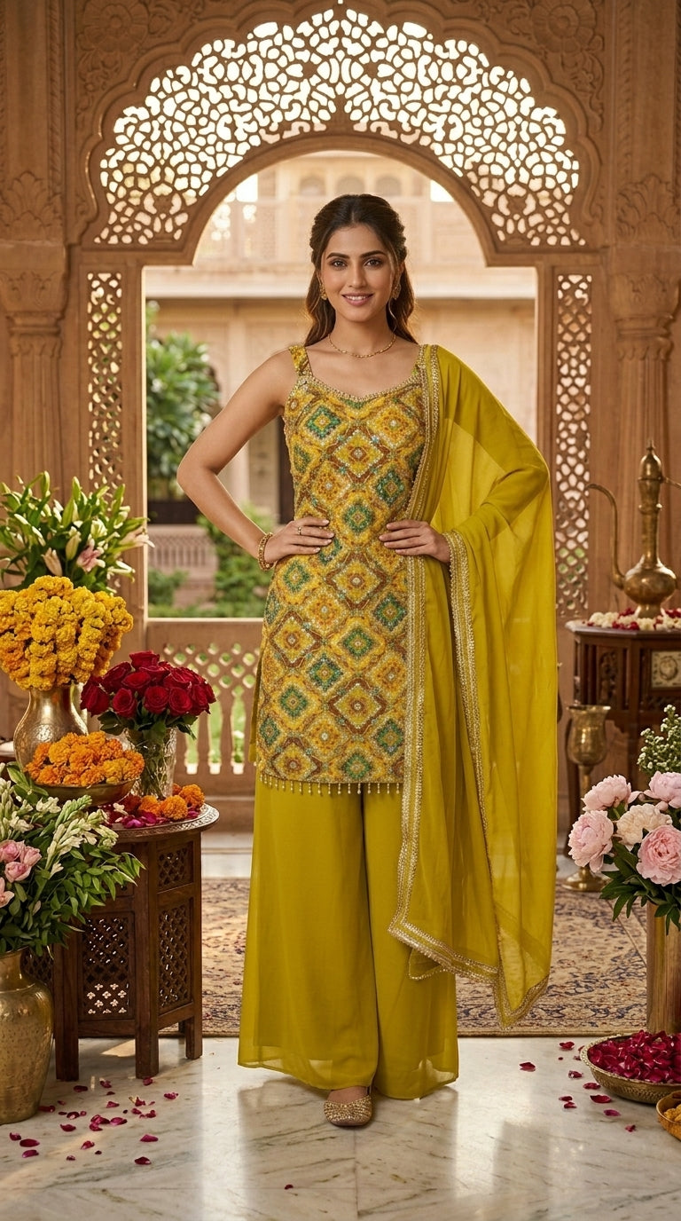 Printed Suit with Embroidery Paired with Palazzo and Dupatta
