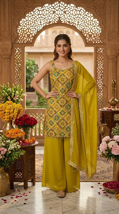 Printed Suit with Embroidery Paired with Palazzo and Dupatta