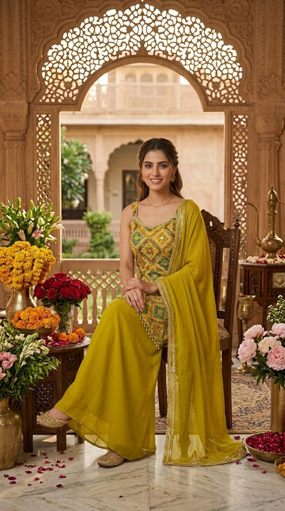Printed Suit with Embroidery Paired with Palazzo and Dupatta