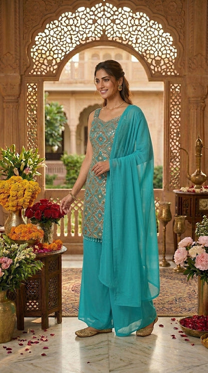 Printed Suit with Embroidery Paired with Palazzo and Dupatta