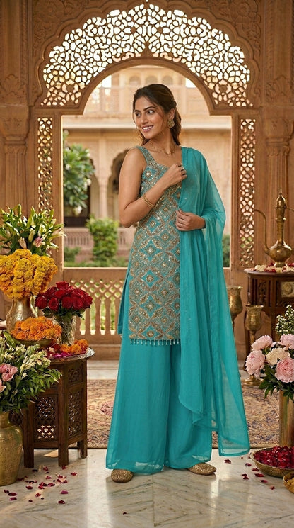 Printed Suit with Embroidery Paired with Palazzo and Dupatta