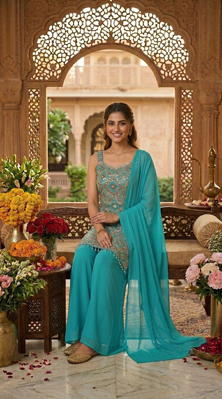 Printed Suit with Embroidery Paired with Palazzo and Dupatta