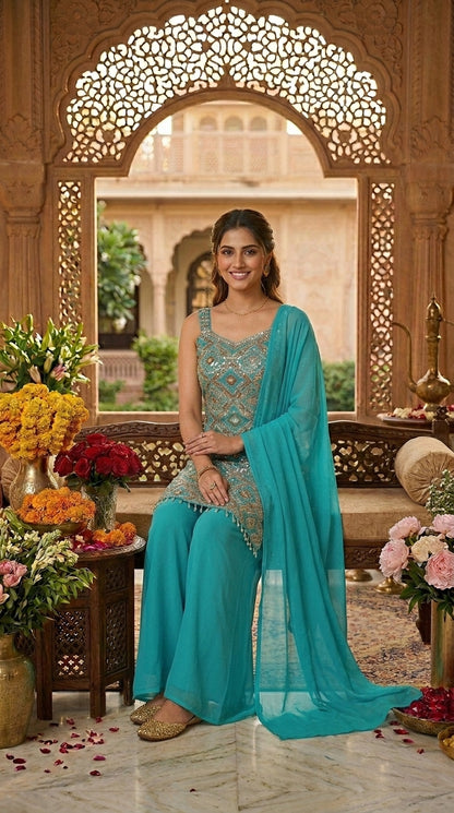 Printed Suit with Embroidery Paired with Palazzo and Dupatta