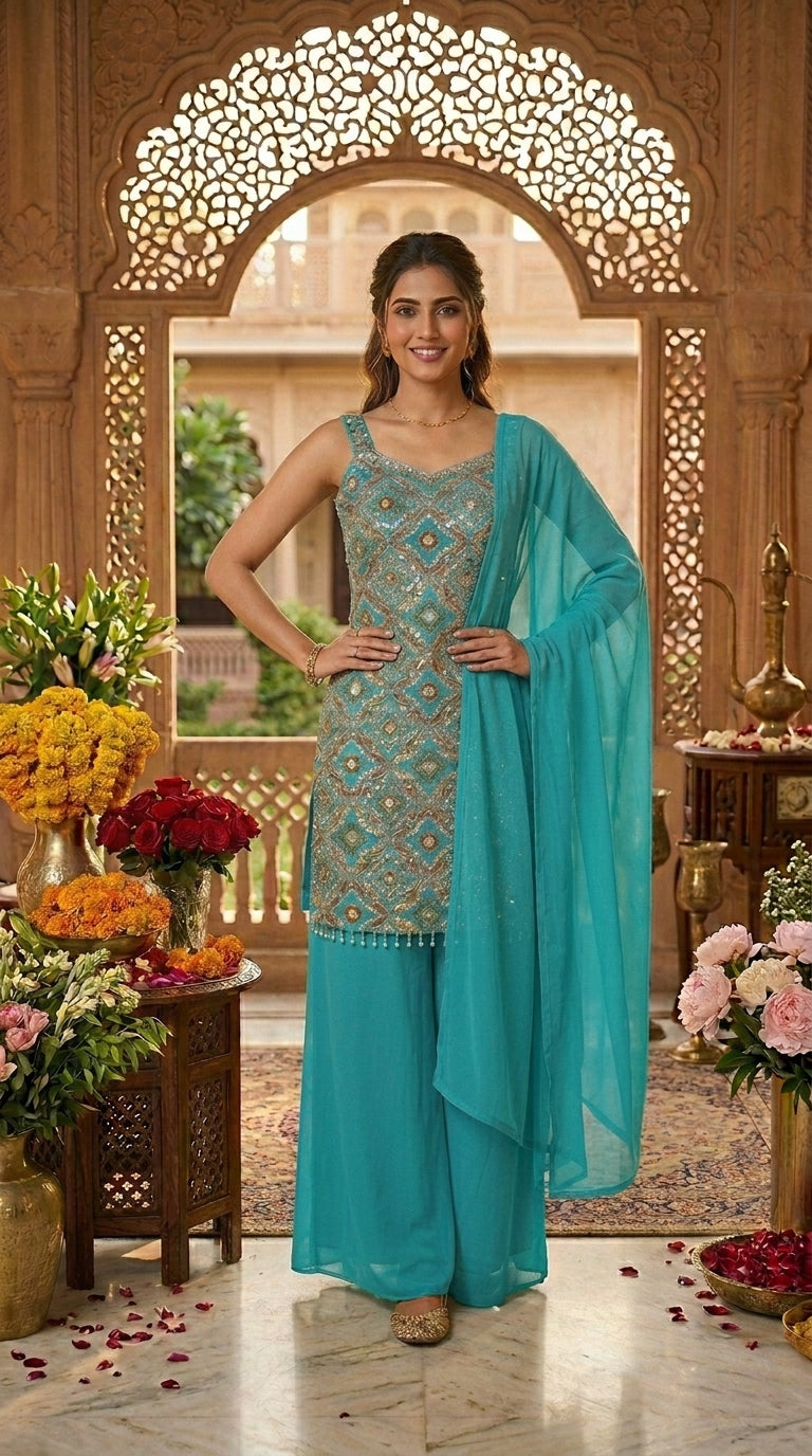 Printed Suit with Embroidery Paired with Palazzo and Dupatta