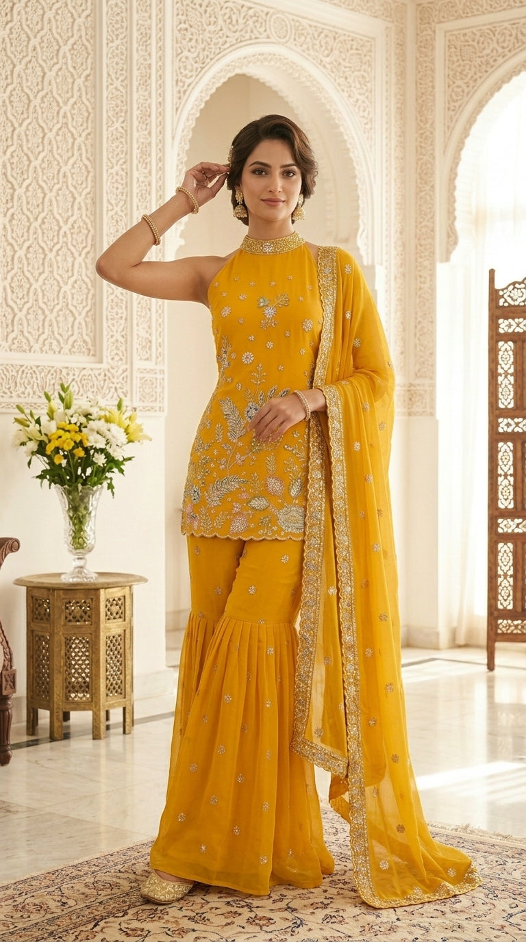Premium High Neck Embroidered Straight Suit Set with Sharara & Dupatta