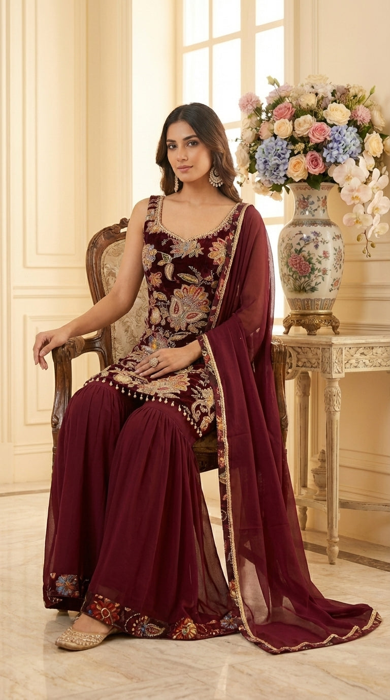 Luxury Floral Embroidered Straight Suit Set with Sharara & Dupatta