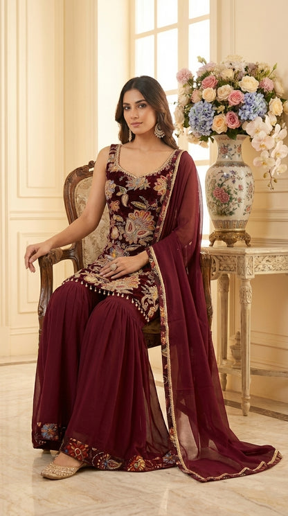 Luxury Floral Embroidered Straight Suit Set with Sharara & Dupatta