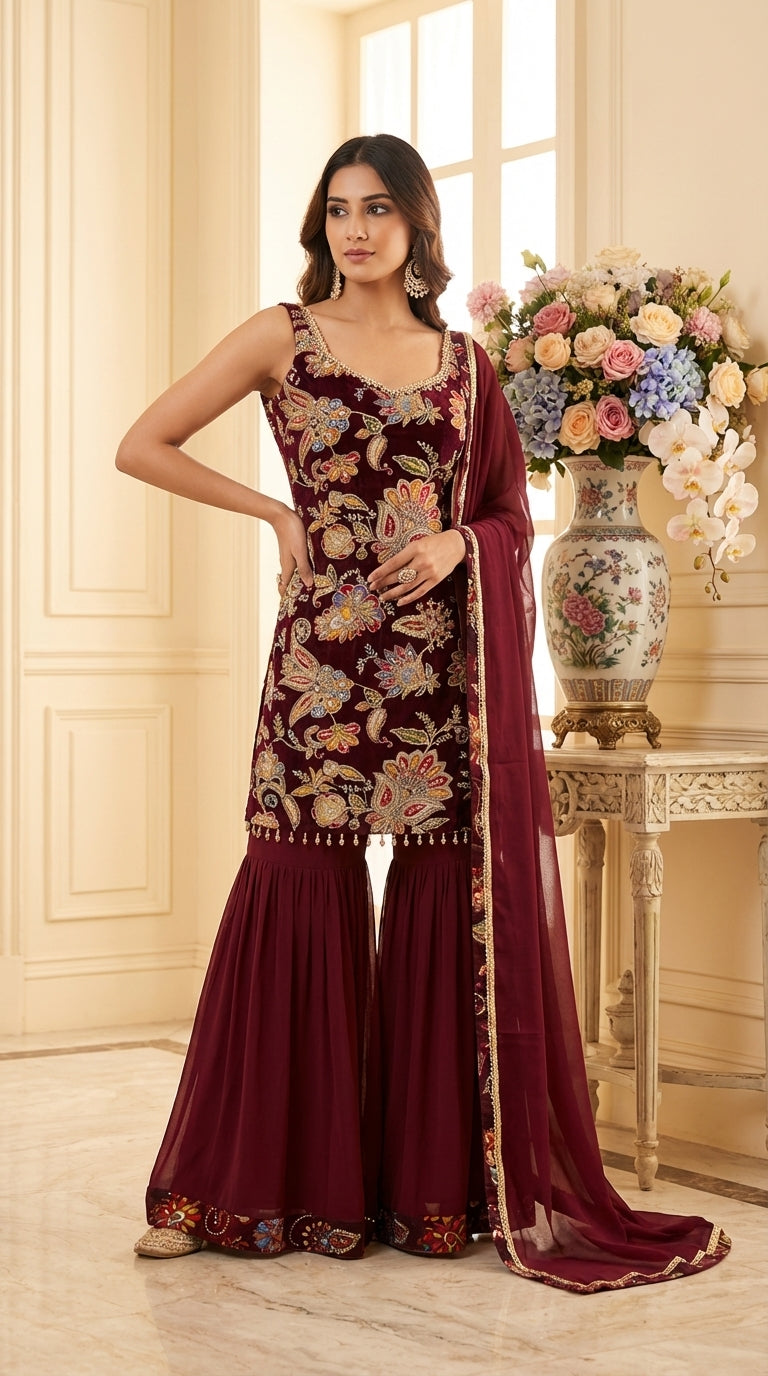 Luxury Floral Embroidered Straight Suit Set with Sharara & Dupatta