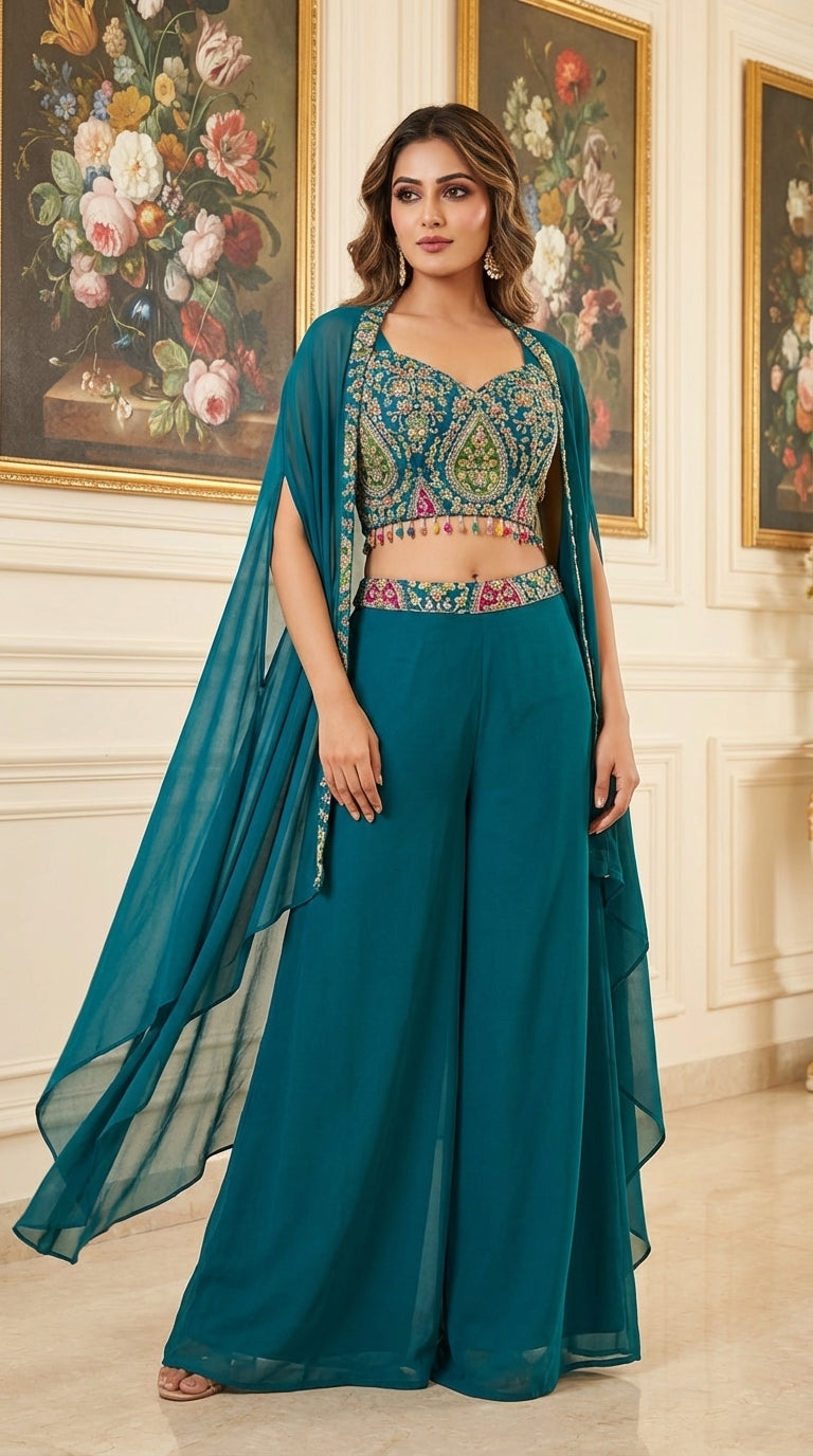 Embroidered Hand-Touched Indo Top with Shrug & Palazzo