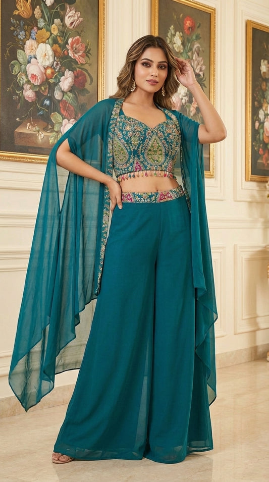 Embroidered Hand-Touched Indo Top with Shrug & Palazzo