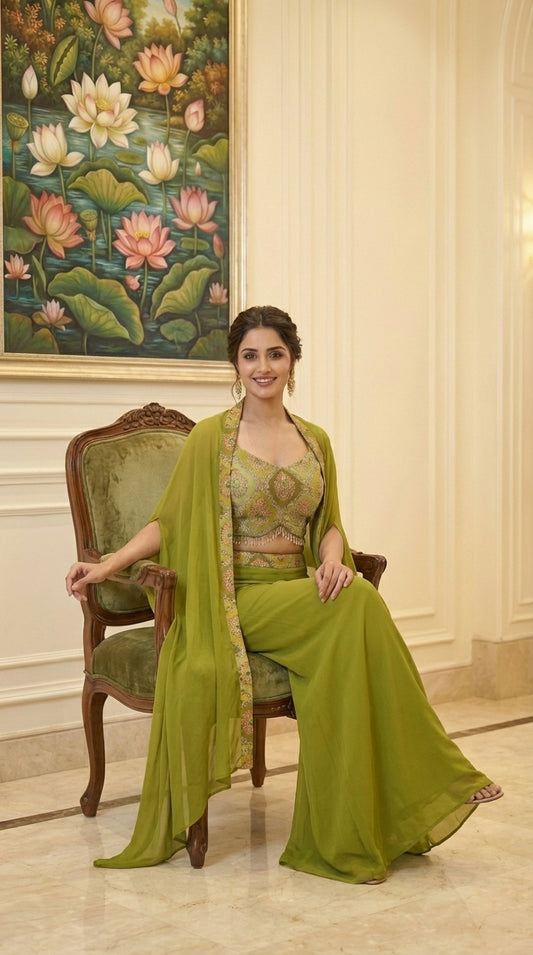 Embroidered Hand-Touched Indo Top with Shrug & Palazzo