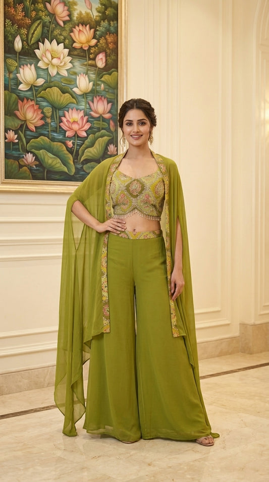 Embroidered Hand-Touched Indo Top with Shrug & Palazzo
