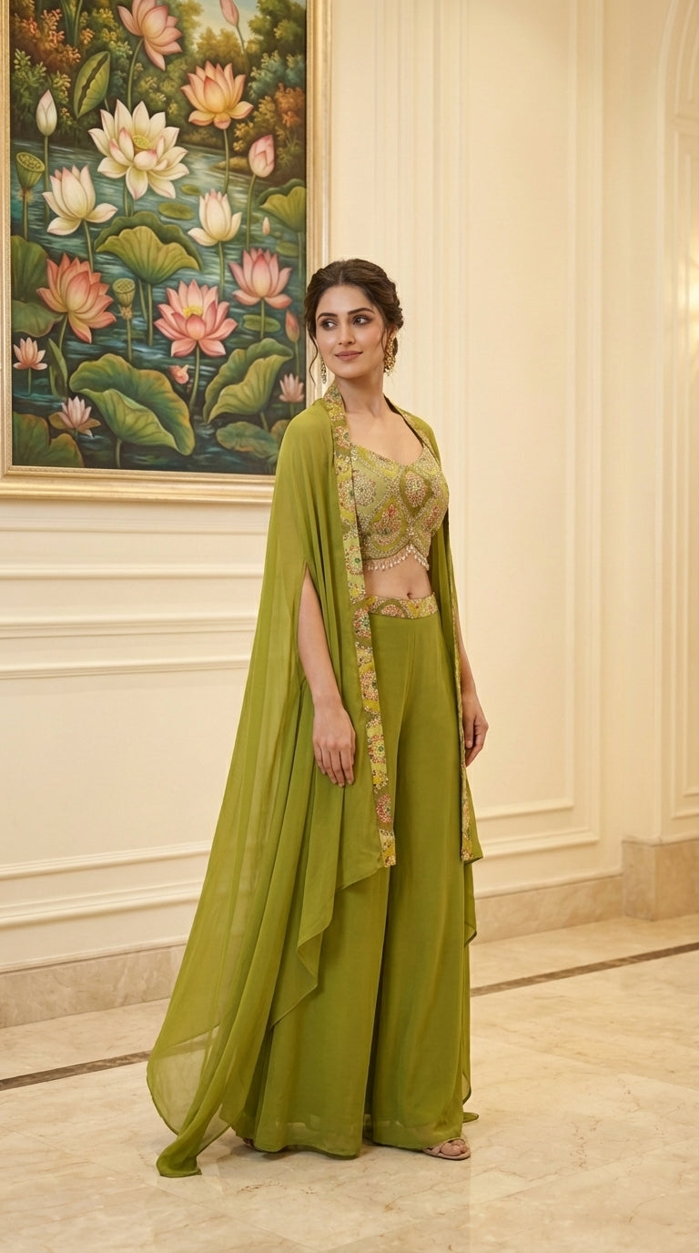 Embroidered Hand-Touched Indo Top with Shrug & Palazzo