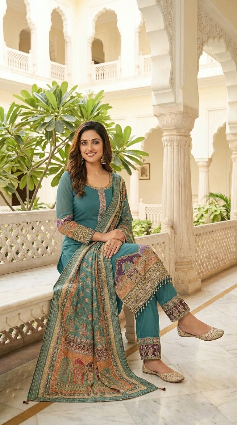 Elegant Printed & Embroidered Straight Suit Set with Pants & Dupatta