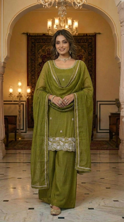 Elegant Beads Work Straight Suit Set with Palazzo & Dupatta