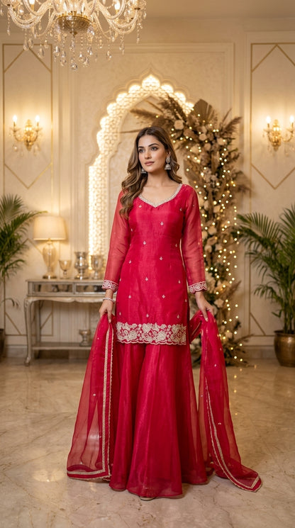 Beads Work Straight Suit with Palazzo & Dupatta