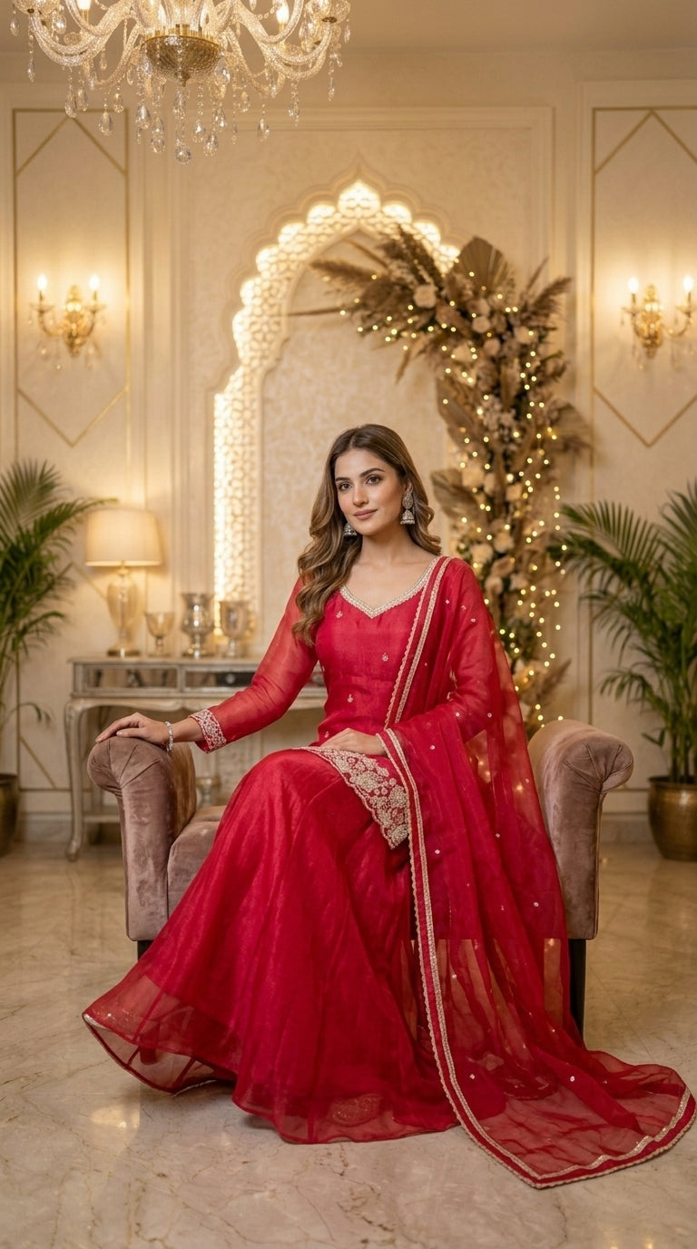 Beads Work Straight Suit with Palazzo & Dupatta