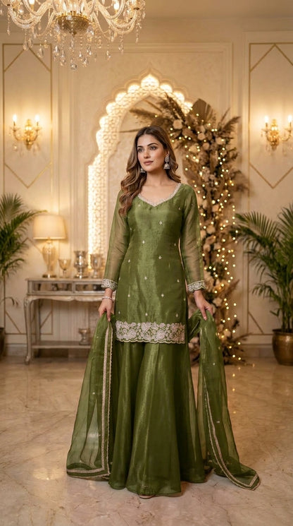 Beads Work Straight Suit with Palazzo & Dupatta