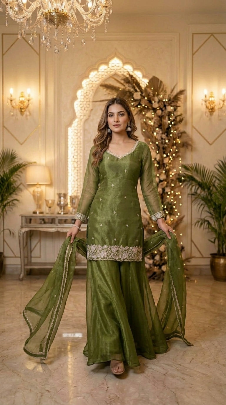 Beads Work Straight Suit with Palazzo & Dupatta