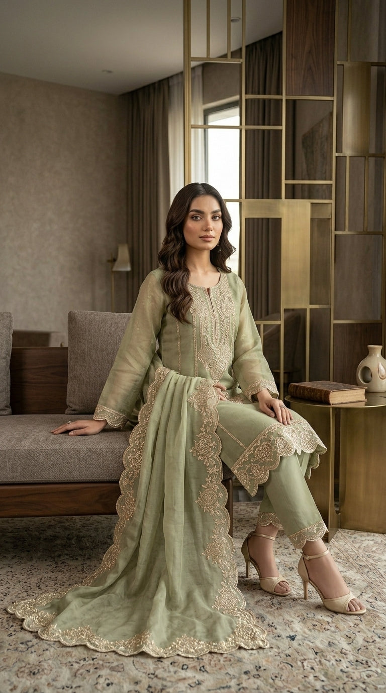 Beats Embroidered Straight Suit with Pant and Dupatta
