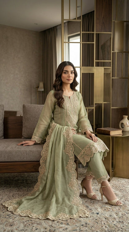 Beats Embroidered Straight Suit with Pant and Dupatta