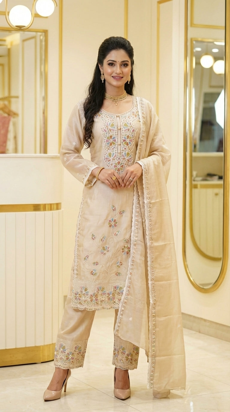 Beads Embroidered Straight Suit with Pant and Dupatta