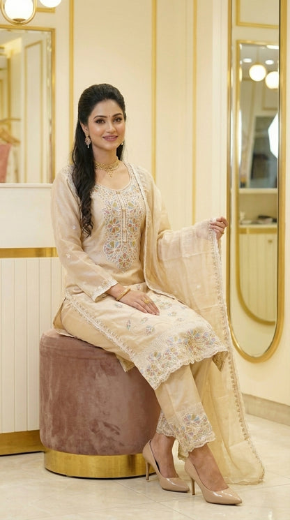 Beads Embroidered Straight Suit with Pant and Dupatta
