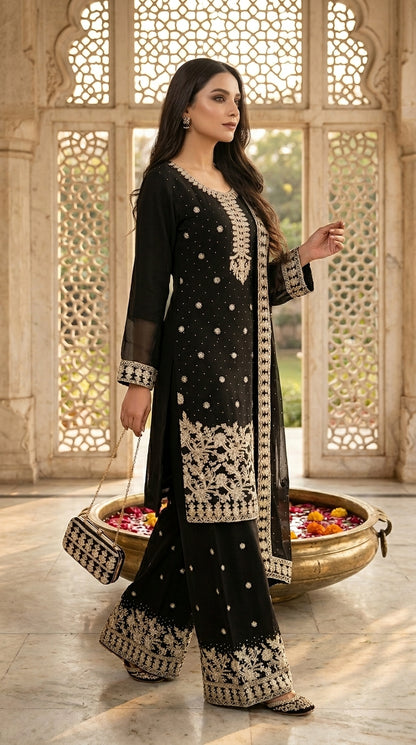 Embroidered Pakistani Suit with Hand Touch - Palazzo & Dupatta Set