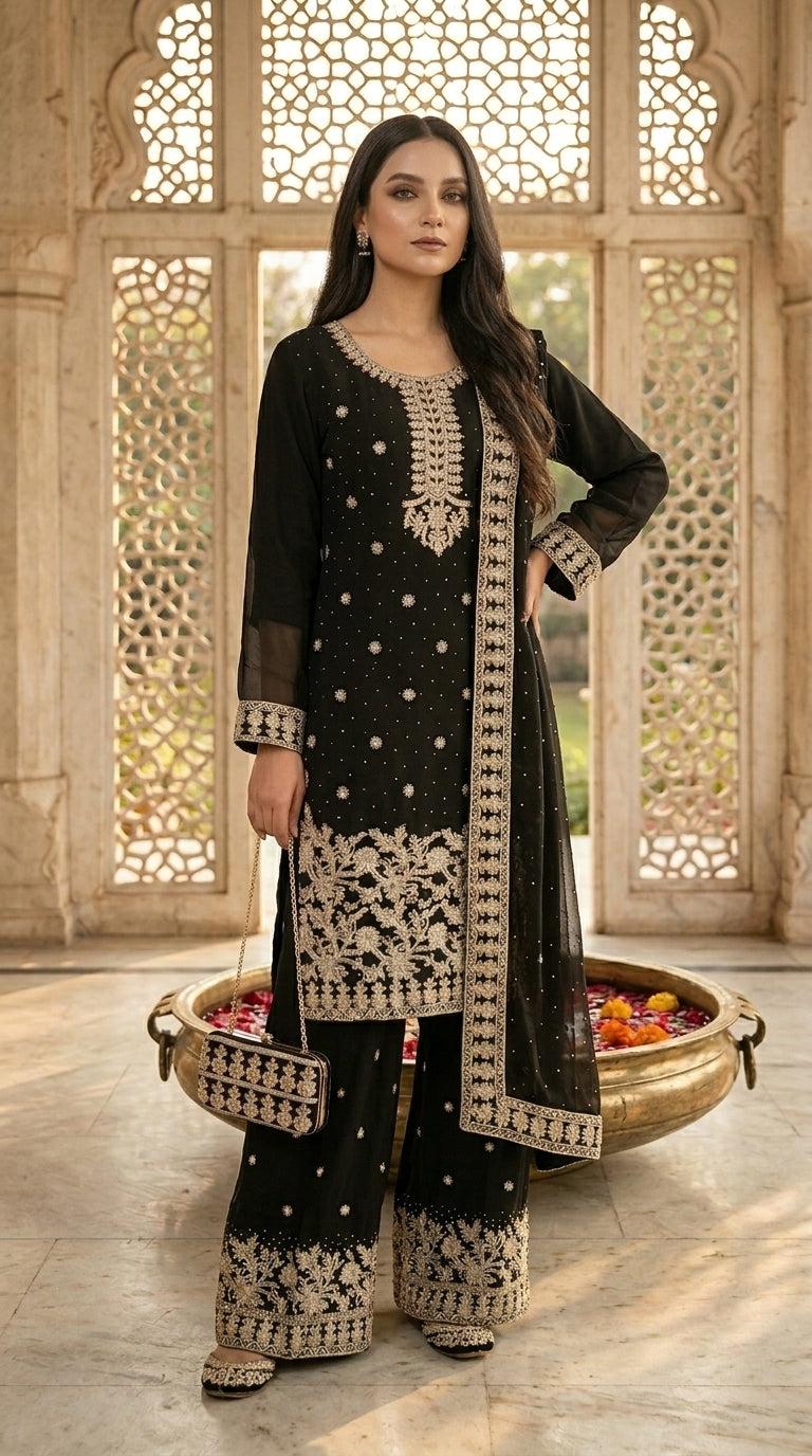 Embroidered Pakistani Suit with Hand Touch - Palazzo & Dupatta Set