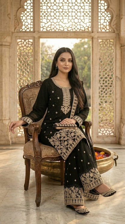 Embroidered Pakistani Suit with Hand Touch - Palazzo & Dupatta Set